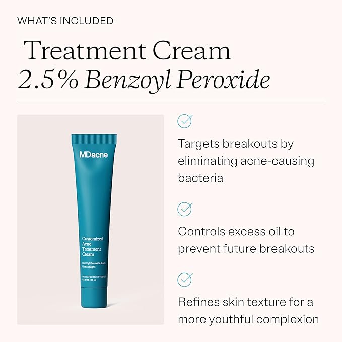 MDacne 3 Step Benzoyl Peroxide Acne Treatment Kit - Benzoyl Peroxide Cream 2.5%, Salicylic Acid Cleanser, Niacinamide Moisturizer – Medicated Plant-Based Kit for Adult & Teen Acne, 30 Day Acne Kit