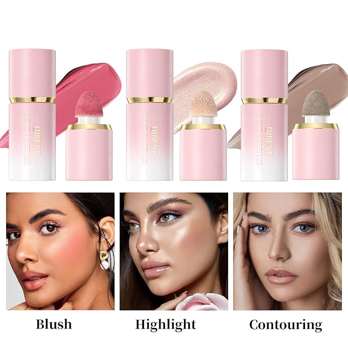 URQT 3PCS Highly Pigmented Liquid Contour - Built-in Sponge Tip Sculpted Complexion Wand Long Lasting Natural Buildable Highlighters Contouring Bronzer (Contour+Highlighter+Blush)