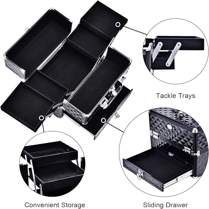 Joligrace Makeup Train Cases Professional Travel Makeup Cosmetic Cases Organizer Portable Box with Drawer Black
