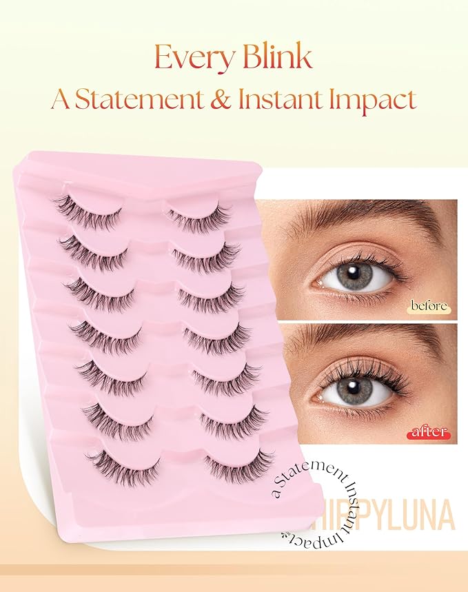 Natural Cat Eye Lashes 12MM False Eyelashes with Clear Band Wispy Lashes Natural Look C Curl Fake Eyelashes Pack 3D Volume Lash Strips ChirpyLuna Eyelash 7 Pair
