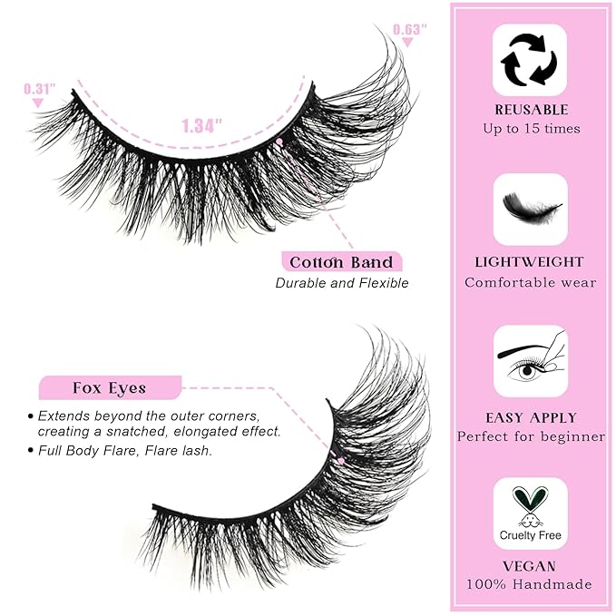 Cat Eye Lashes Wispy Fox Eyelashes Strips Natural D Curl Lash Pack 14 Pairs Lightweight Fluffy Cateye Lashes Soft Cotton Band Wispies Full Easy Russian Strip Eyelash for Women