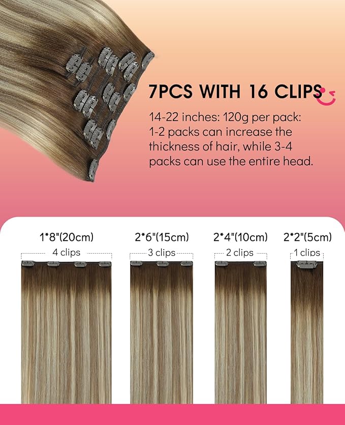 Youngsmile Clip in Hair Extensions Real Human Hair, Remy Human Hair Extensions Clip in Easy to Install 7Pcs 120g 14in, Balayage Brown to Light Brown mixed Light Blonde (CLIP#3/8/22-14Inch)