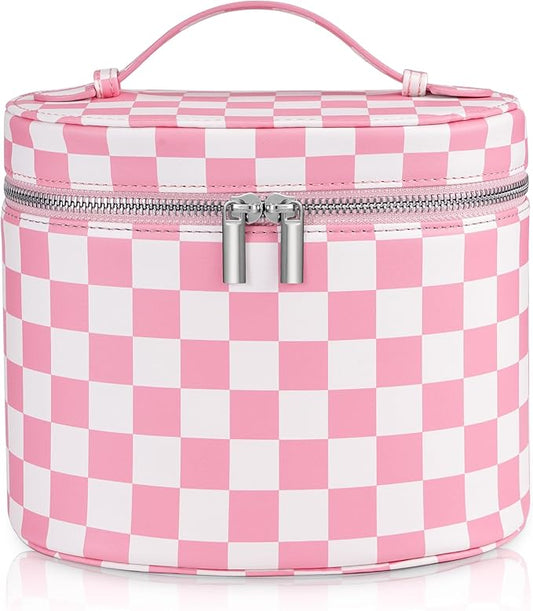 Makeup Bag Vanity Case Cosmetic Bag with Removable Divider Travel Toiletry Bag for Women Portable Make up Box Organizer, Pink and White