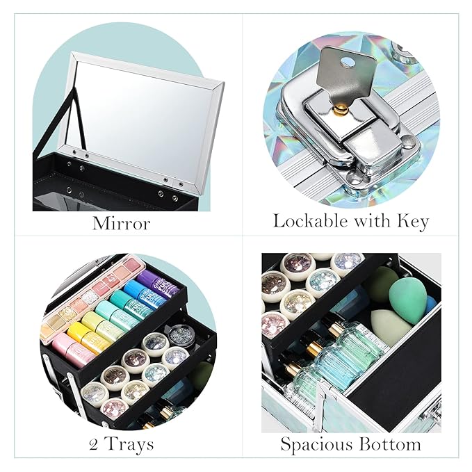 FRENESSA Makeup Case Portable Makeup Box Organizer Travel Cosmetic Case Storage with Mirror Locking Make Up Cases Organizers and Storage for Girls Nail Supplies Cosmetology Case Vanity Case Blue