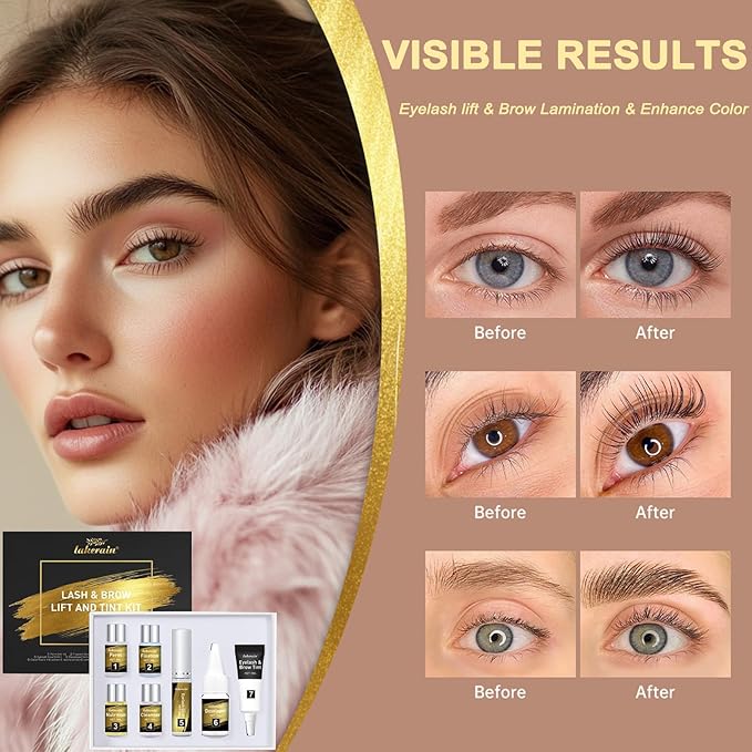 Lash Lift Kit Brow Lamination Kit Brown Color, Professional Eyelash and Eyebrow Perm Kit for Fuller Brows & Long Lasting Curl Lashes, Safe Effective Results Salon or DIY Use (Brown)