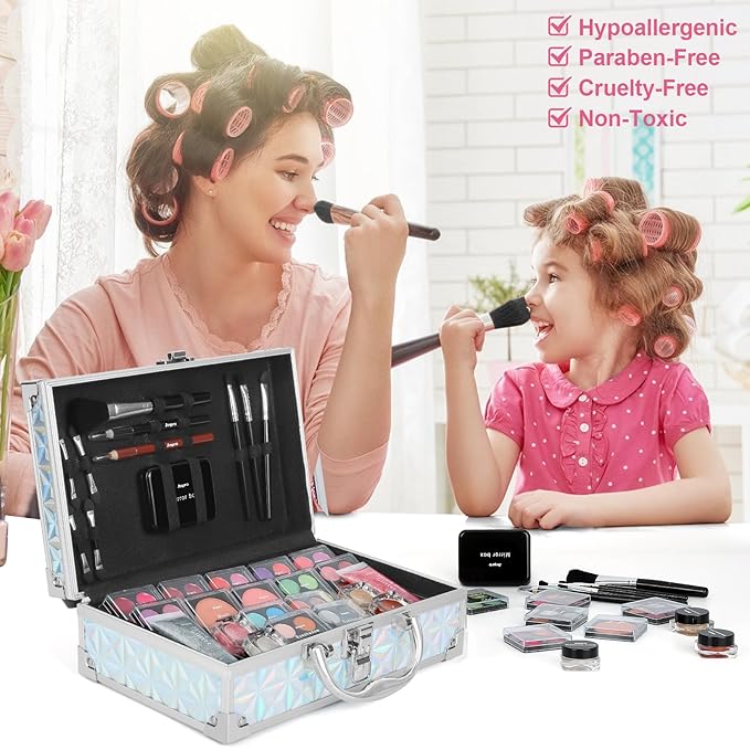 Anpro All-In-One Makeup Carry Case with Pro Teen Makeup Set, Full Starter Cosmetics Kit with Makeup Brushes, Lipsticks, Eye Shadows Palette, Blushes, Glitter Gel