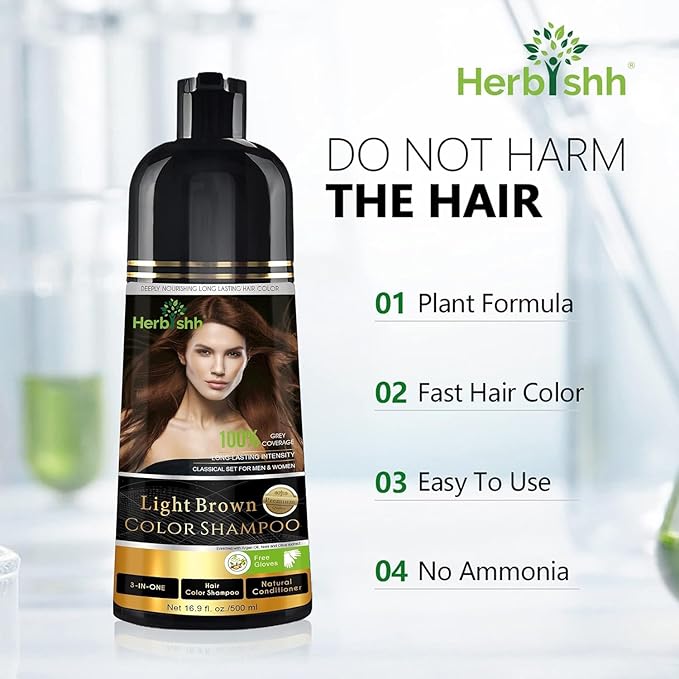 Herbishh Light Brown Hair Color Shampoo - 3-In-1 Magic Dye for Gray Hair 500 Ml + Essential Flower Hair Oil - Organic Formula for Dry, Damaged Hair 60 ML