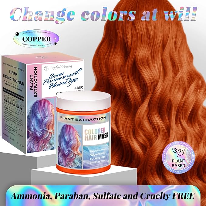Vegan Semi Permanent Hair Color Mask - 10.15OZ Color Depositing Conditioner for Color-Treated Hair - Ammonia, Paraben, Sulfate & Cruelty-Free - Plant-Based Enhances Tones Hair (COPPER)