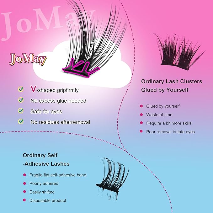 JoMay Self-Adhesive Eyelashes, Press on Lashes No Glue Needed, Glueless Pre-Glued D Curl Cluster Lashes for Beginners, No Residue, Pre-Separated L/R Eye, 1-Step DIY, 120PCS (X10)
