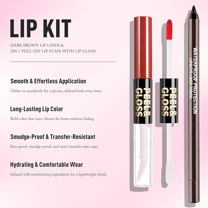 Peel Off Lip Stain & Brown Lip Liner, 2-in-1 Matte Lip Tint Stain Peel Off With Moisturizing Lip Gloss Long Lasting Lip Combo Highly Pigmented Color Lip Liner Pencil Non-Stick Cup Easily Apply