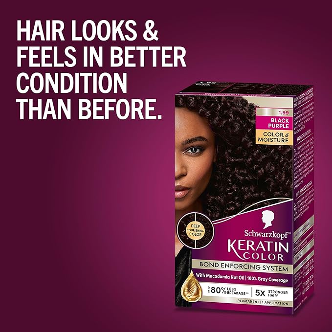 Schwarzkopf Keratin Color Permanent Hair Color, 1.99 Black Purple, 1 Application - Professionally Inspired Permanent Hair Dye, for up to 80% Less Breakage vs Untreated Hair and upto 100% Gray Coverage