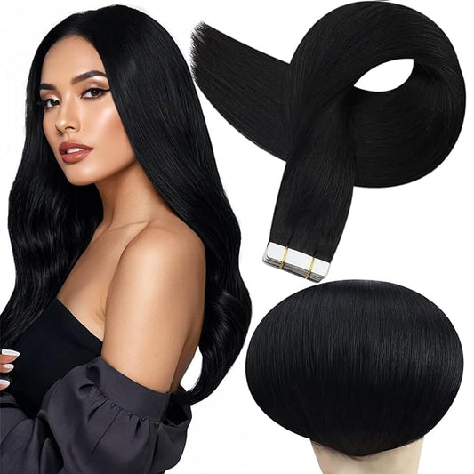Full Shine Human Hair Tape in Extensions Invisible Skin Weft Color 1 Black Tape in Extensions Real Human Hair 24Inch Long Extension 100G 40Pcs Natural Straight Add Length for Wedding