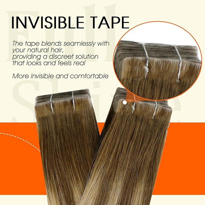 Full Shine Injected Tape in Hair Extensions Human Hair Color 4/24/4 Balayage Remy Tape Extensions Long Straight Skin Weft Seamless Extension 22Inch 50G 20Pcs Add Length Soft Natural