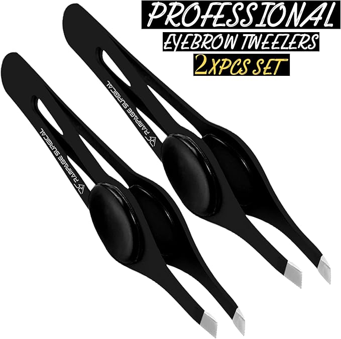Professional Eyebrow Tweezers Slanted Tip Stainless Steel 2,3xPcs Set, Non-Slip Grip Slant Tip Tweezers for Facial Hair, Plucking Removing Ingrown Hairs, Tweezer for Women Men (Black&Black)