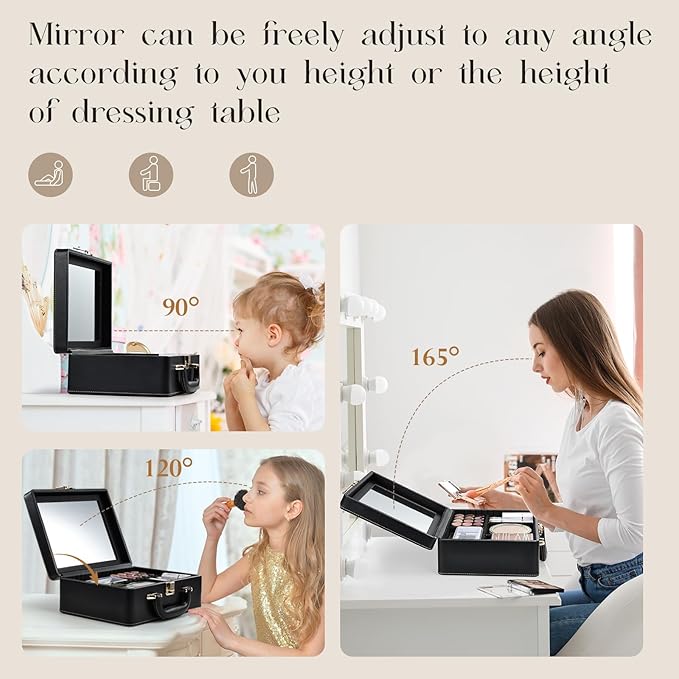 Joligrace Travel Makeup Case, Travel Makeup Organizer Case with Mirror, Makeup Train Case Leather Portable Makeup Box Storage Bag,with Adjustable Dividers & Brush Holder (Black)