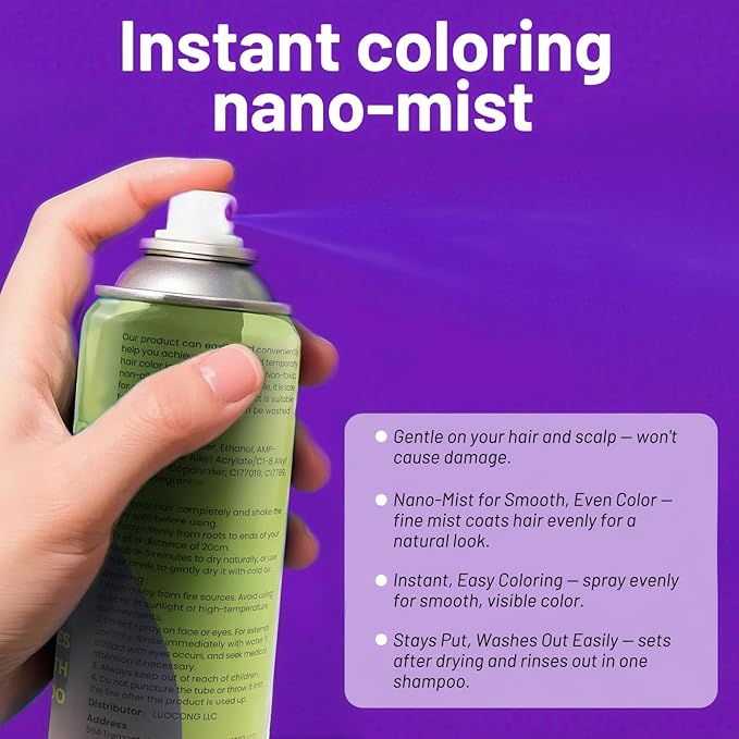 Purple Hair Spray, Temporary Hair Color Spray for Women Men– Safe Non Sticky Washable One Day Hair Dye Spray, Disposable Accessories Included, for Halloween Cosplay Party DIY Costume Pet Fun