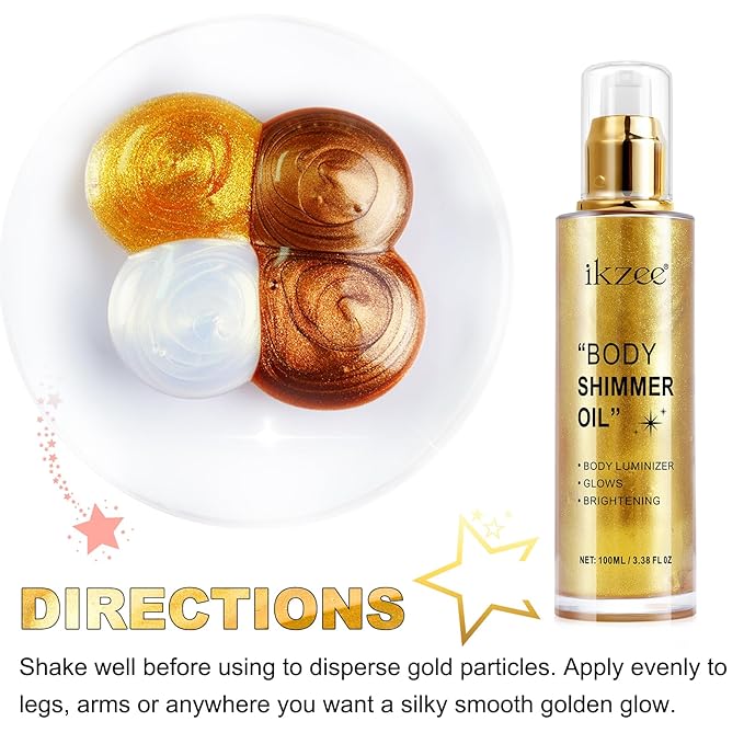 Body Shimmer Oil 100ml, Moisturizing Long Lasting Body Luminizer Face Brightener, Waterproof Liquid Illuminator, Shimmer Glow Highlighter Summer Glowing Tan Makeup (#02 Gold)