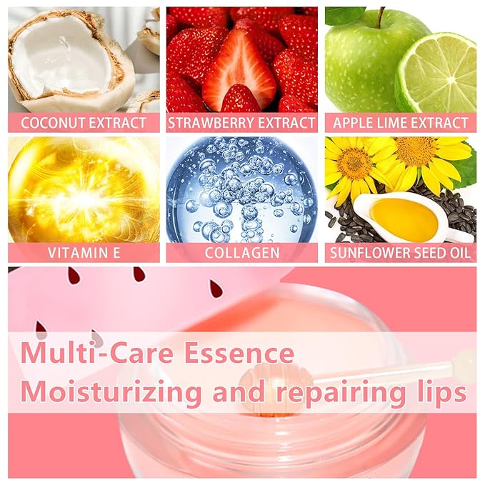 3 Pcs Bee Coconut Apple Honey Pot Lip Mask Sleeping Mask Hydrate Repair Prevent Dry Cracked Lip Exfoliator Care (Strawberry+Apple Lime)