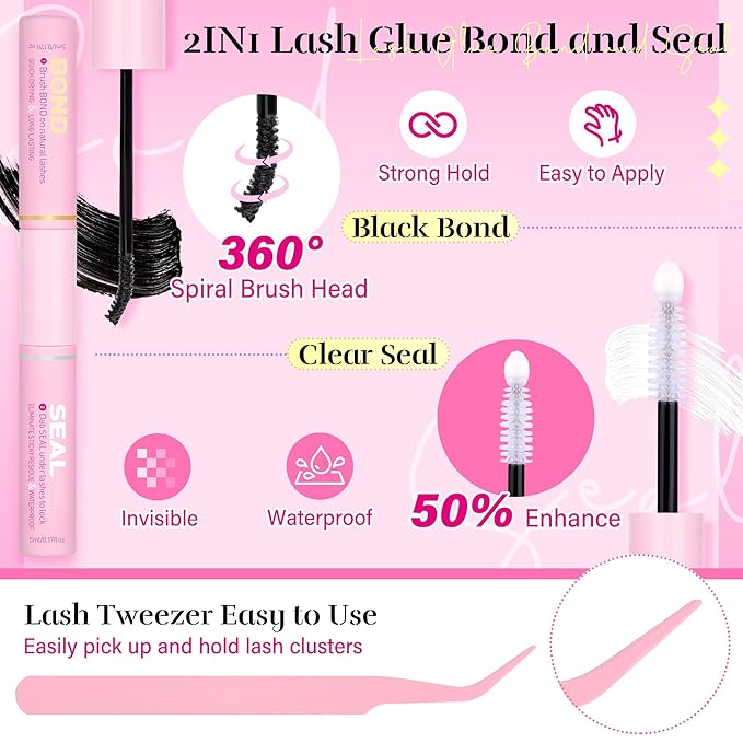 Invisible Band Lash Clusters Kit Wispy Lash Extension Kit Natural Eyelash Clusters DIY Cluster Eyelash Extension Kit Individual Lashes with Lash Glue Bond and Seal Tweezers, 8-16 mm