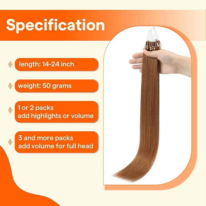 Full Shine Micro Beads Hair Extensions Real Human Hair Color 330 Copper Micro Link Human Hair Extensions 20 Inch Cold Fusion Prebonded Extensions for Women 50 Grams Natural Remy Hair