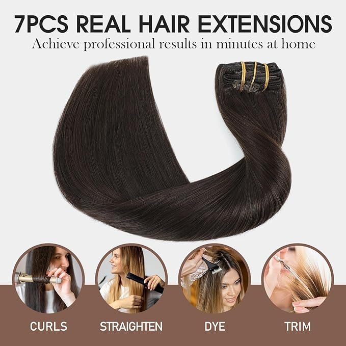 VINBAO Hair Extension Clip in Human Hair Darkest Brown for Women Brazilian Hair Dark Brown Clip in Hair Extensions 14in 7Pcs 140g (#HC2,14'')