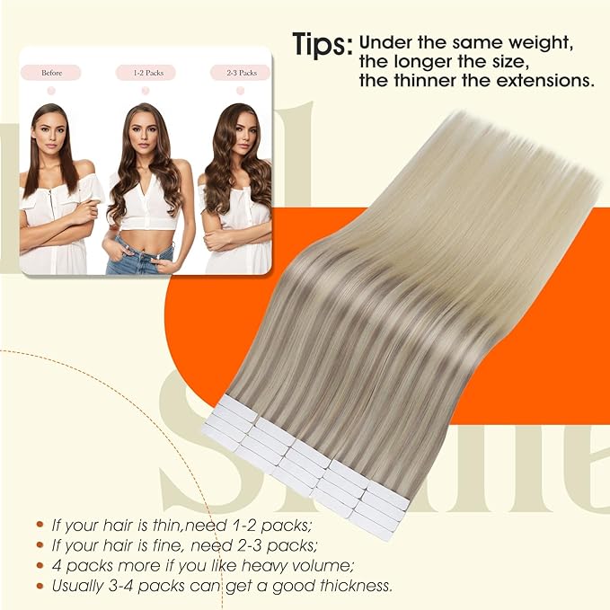 Full Shine Tape in Hair Extensions Real Human Hair Balayage Color 18 Ash Blonde Ombre 22 And 60 Blonde Seamless Tape ins Human Hair Extensions Invisible 16Inch Remy Human Hair 50G for Women 20Pcs