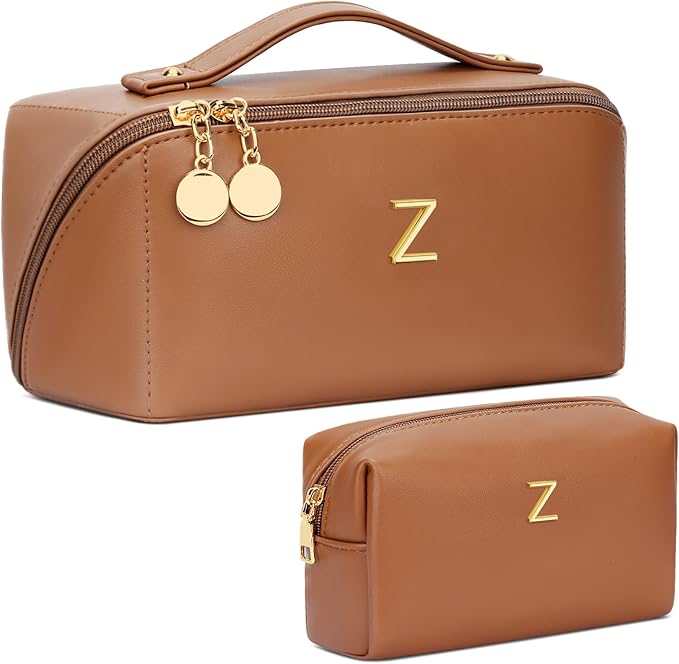 Birthday Gifts for Women Teen Girl, Personalized Initial Makeup Organizer Bag Set, Open Flat Travel Cosmetic Bag With Clear Divider and Handle(Brown,Z)