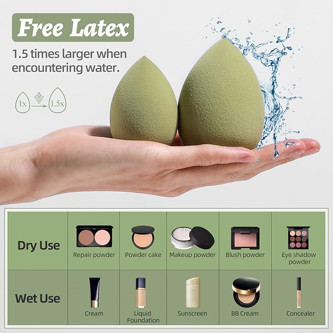 Makeup Sponge Set BS-MALL Blender Sponges 7 Pcs for Liquid, Cream, and Powder, Multi-colored with 1 Mini Makeup Sponge Pink (C-Green)