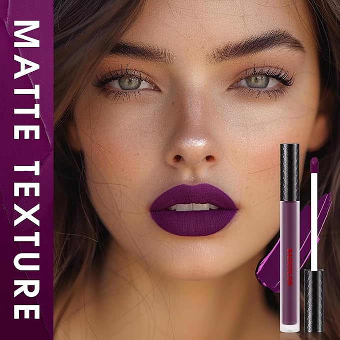 BADCOLOR 3 Colors Matte Liquid Lipstick Set, Purple Burgundy Rose Red Halloween Makeup, High Impact Long Lasting Lip Stain Velvet Nonstick Cup Smudge Proof & Waterproof Lip Gloss Set