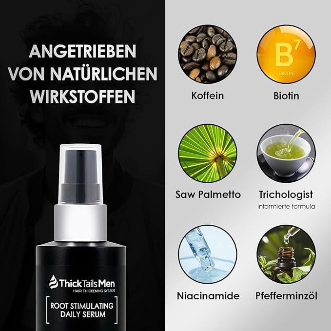 ThickTails Men’s Root Stimulating Leave-In Serum for Thicker, Fuller-Looking Hair – Daily Vegan Hair Strengthener with Biotin, Caffeine & Saw Palmetto – Lightweight, Fast-Absorbing Formula