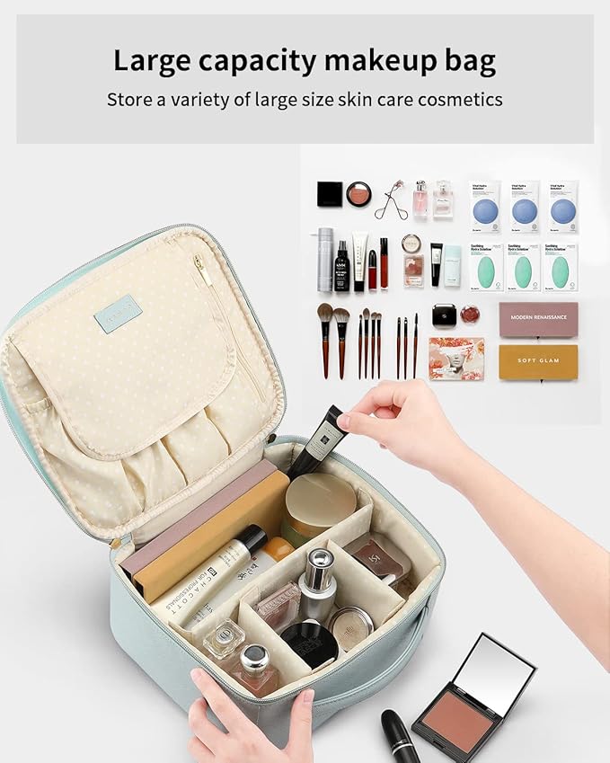 Vlando Makeup Bag, Travel Makeup Bags,Large Portable Make Up Bag Organzier with Dividers and Handle Gifts for Women Girls,Traveler,Christmas,Wedding Blue