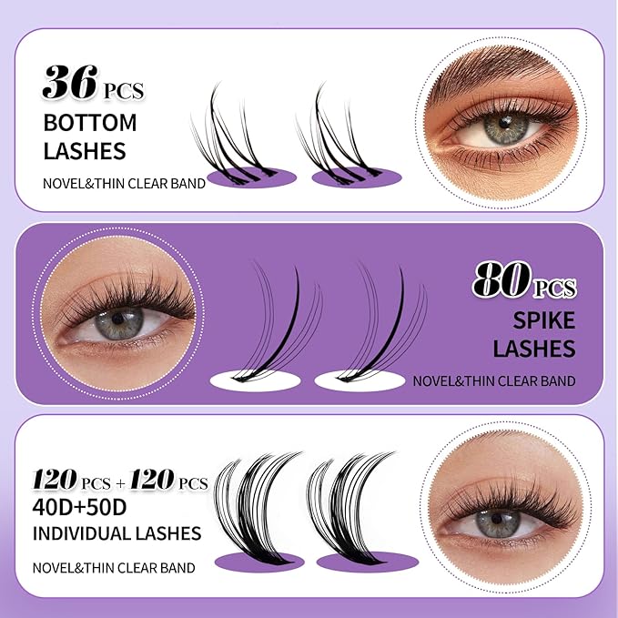 Lash Clusters With Bottom Lashes 356PCS 40D/50D Multi-types Fluffy Lash Clusters C/D Curl Wispy Individual Lashes Spike Volume Cluster Eyelash Extensions By Wendy Lashes(40/50D-0.07D)