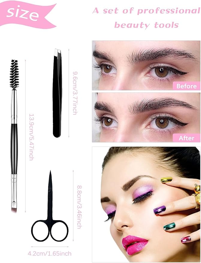 EBANKU 7pcs Eyelash Comb Brush Tools Eyebrow Brush Comb Eyelash Separator Tool Professional Eye Brow Spoolie Brushes for Makeup Grooming Eyelash Curler Silicone Refill Pads Tweezers Scissors