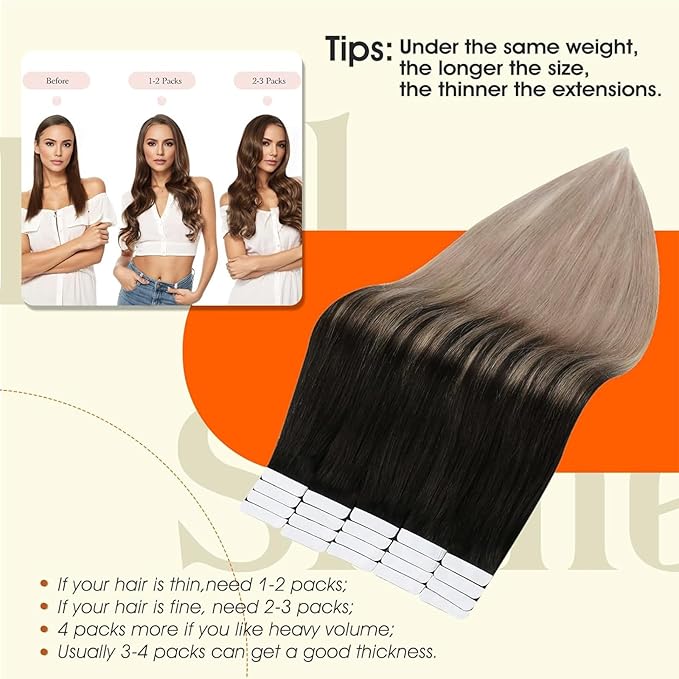 Full Shine Balayage Tape in Hair Extensions Real Human Hair Color 1B Off Black Ombre 18 Ash Blonde Seamless Skin Weft Tape ins Human Hair Extensions 18Inch Remy Hair 50G 20Pcs Straight for Women