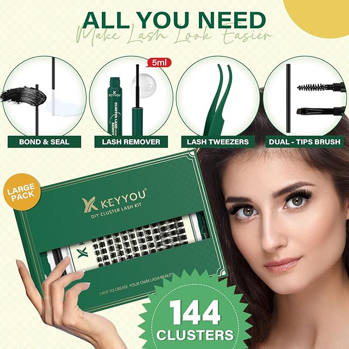 DIY Lash Extension Kit KEYYOU 144pcs Lash Clusters Eyelash Extension Kit with Mascara Brush Bond and Seal Lash Glue Remover Lash Applicators Lash Brush for DIY Lash Extensions (Y04 Kit)
