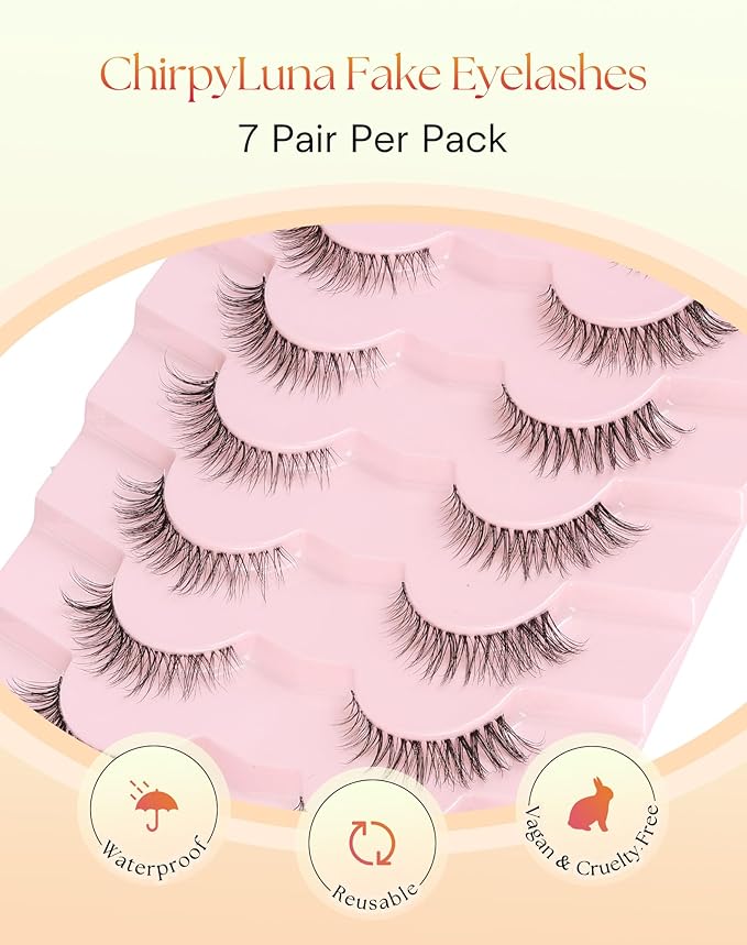 Cat Eye Lashes Wispy 12MM Eyelashes Natural Look C Curl Lash Strips with 0.1MM Clear Band 3D Volume False Lashes Pack ChirpyLuna Fake Eyelashes 7 Pair