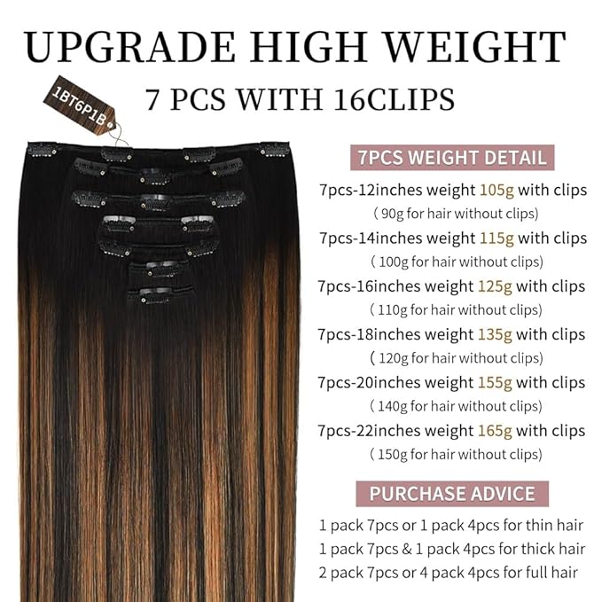 18 Inch Clip-in Hair Extensions Remy Human Hair for Women - Soft Handmade Real Human Hair Clip in Extensions, Straight, Thick, 135g 7pcs #(1BT6) P1B Color