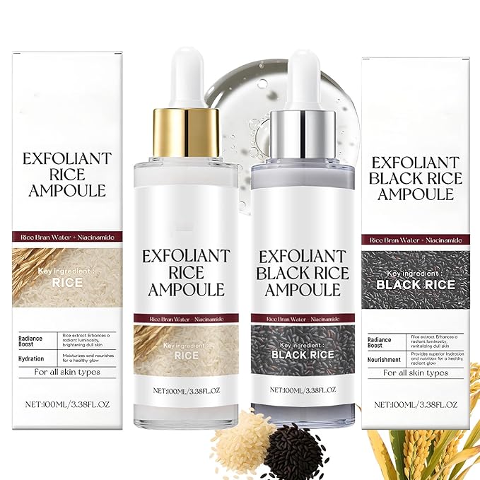 Glow Rice Ampoule Peel Shot Exfoliant Duo Set - Black and White, Gentle Face and Body Exfoliator for Clear Skin (3.38 Fl Oz Each)