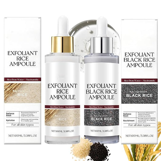 Glow Rice Ampoule Peel Shot Exfoliant Duo Set - Black and White, Gentle Face and Body Exfoliator for Clear Skin (3.38 Fl Oz Each)