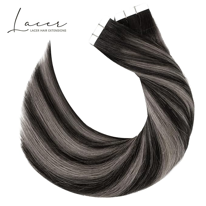 Lacer Grey Tape in Hair Extensions Human Hair Highlight Natural Black to Silver Balayage Tape in Hair Extensions 12 Inch 20pcs/30g