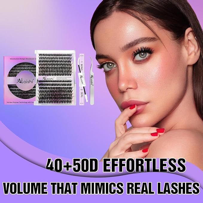 Lash Clusters Kit, DIY Cluster Eyelash Extensions 9‑16mm, 40D+50D, 280pcs Fluffy D Curl Natural Lashes with Bond & Seal,Tweezers–Fake Cat Eye Wispy Individual Clusters