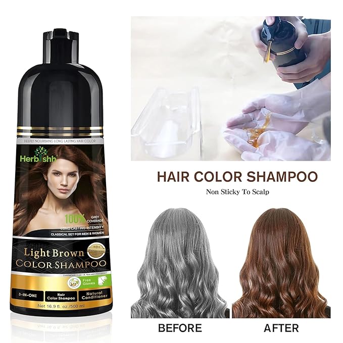 Herbishh Light Brown Hair Color Shampoo - 3-In-1 Magic Dye for Gray Hair 500 Ml + Essential Flower Hair Oil - Organic Formula for Dry, Damaged Hair 60 ML