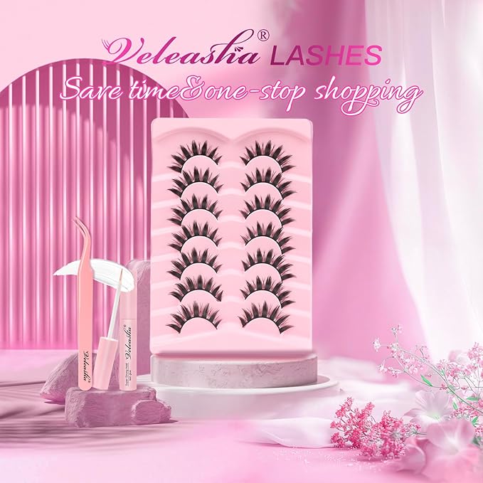 Veleasha Lashes Manga Eyelashes Spiky Eye Lashes Anime Lash 8D Doll Lash Natural Look Soft Wispy Fake Eyelashes with Lash Glue & Tweezers 7 Pairs (Cutes Kit)
