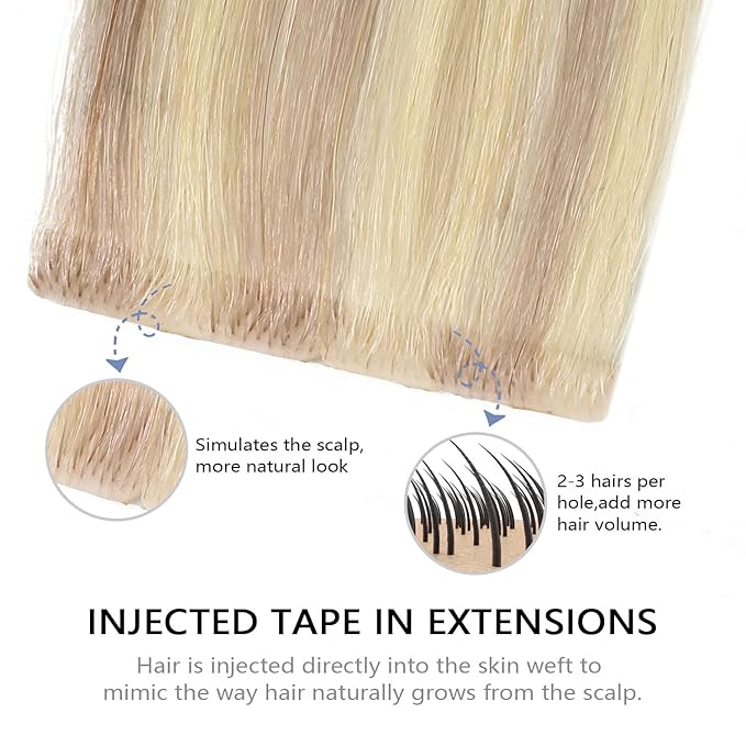 COOKAYU Tape in Hair Extensions Human Hair, Ash Blonde and Platinum Blonde Seamless Injected Tape in Human Hair 20pcs/pack 14Inch 30g Invisible Invisi Edge Extensions