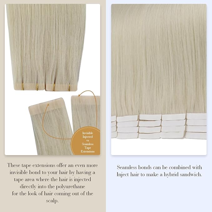 Full Shine Intact Tape in Hair Extensions 5Pcs 18 Inch Blonde Virgin Tape ins Extensions Injected Tape ins Human Hair Extensions Color 1000 Ice Blonde Seamless Skin Weft Human Hair Extension 12.5Gram