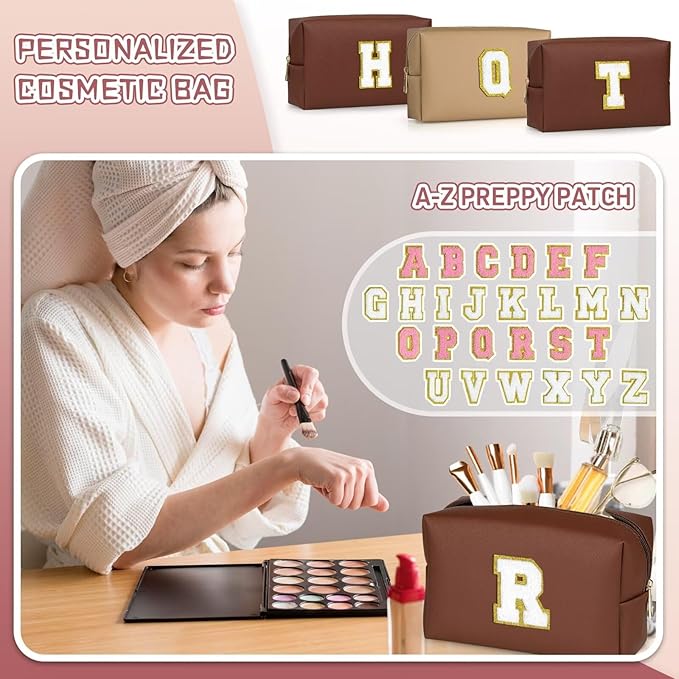 TOPEAST Personalized Makeup Bag, Chenille Letter Pouch Cosmetic Bag w Zipper, PU Leather Waterproof Toiletry Bag, Bridal Shower Gifts for Bridesmaids, Cute Stuff for Girls (Brown P)