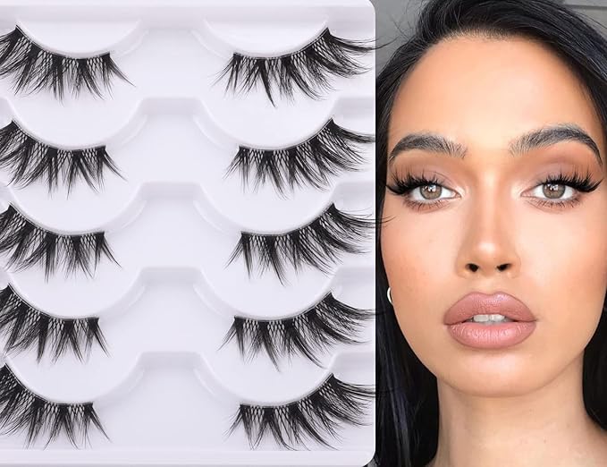 Half Lashes Manga Natural Wispy 3/4 False Eyelashes Cat Eye Lashes Volume Clear Band False Lashes that Look Like Extensions Soft Handmade Reusable Lashes Pack