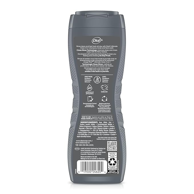 Dial Men 3 in 1 Body, Hair and Face Wash, Ultimate Clean, 16 Fl Oz, Pack of 4, Amber Woods Scent, Cleanses Deep + Gentle on Skin with Clean Rinse Technology