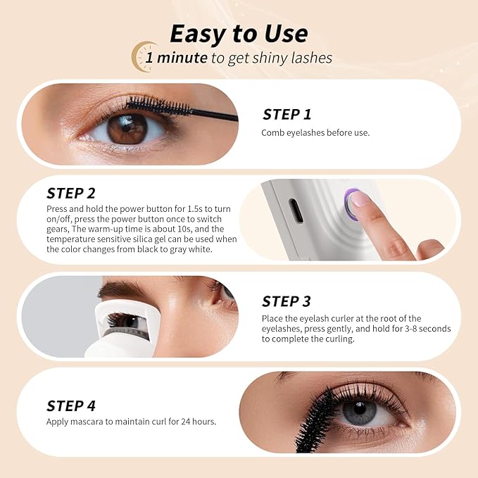 docolor Heated Eyelash Curler Fast Heat up Within 10s, 24 Hours Long Lasting Electric Eyelash Curler 3 Temperature Modes with USB Rechargeable Safe lash Curler Quick Natural Curling Eye Lashes