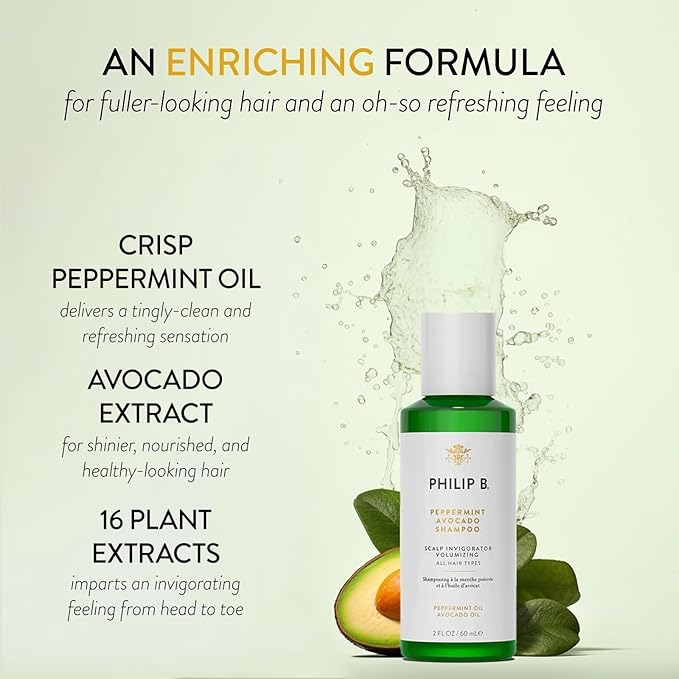 PHILIP B. Peppermint Avocado Conditioner 6oz + Peppermint Avocado Shampoo 2oz Set - Volumizing & Clarifying, Oil and Eucalyptus Invigorates the Scalp With a Tingly Sensation
